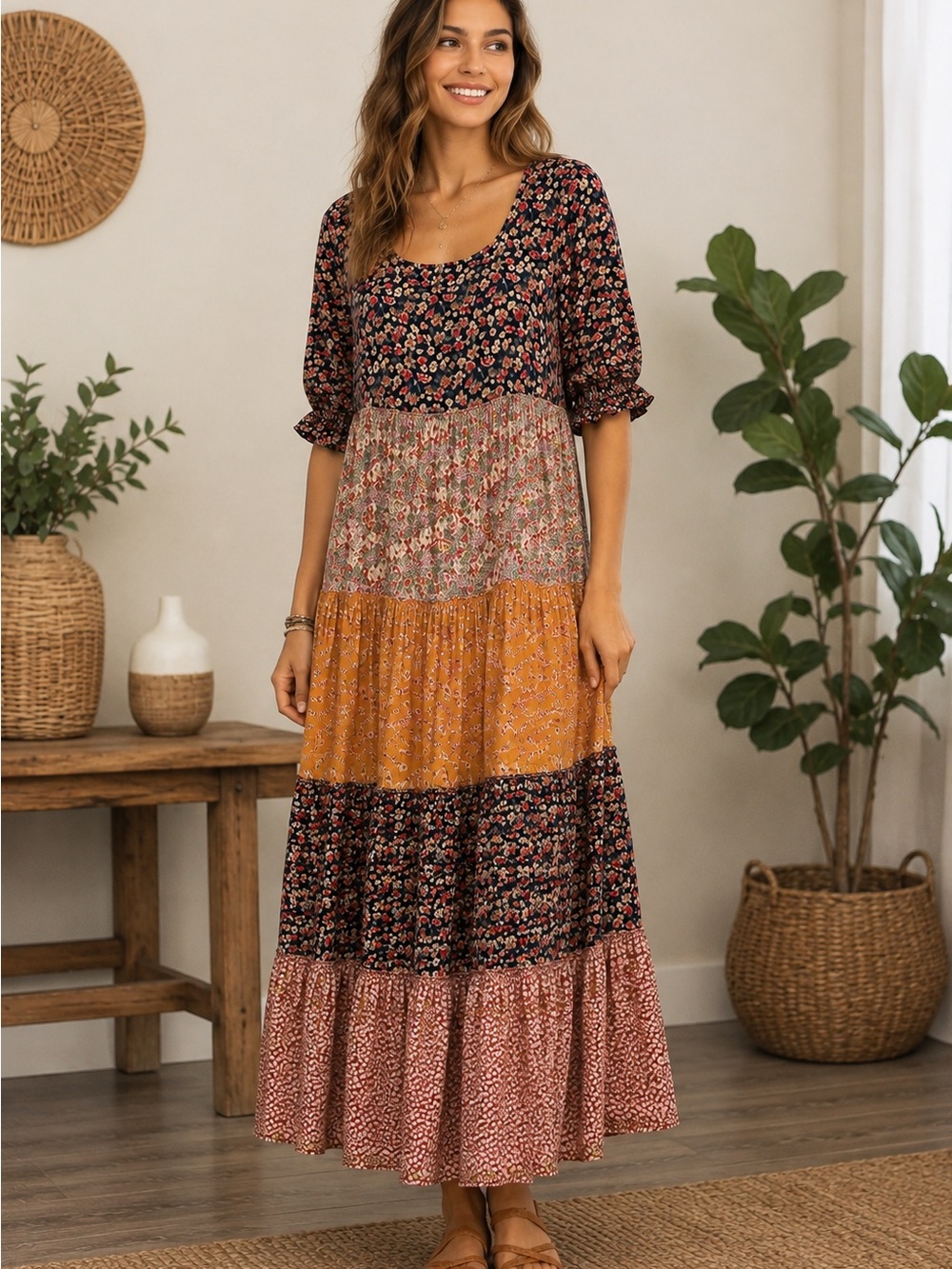 NWOT Natural Life ColletteTiered Maxi Dress in Mixed Black Floral Boho Mustard